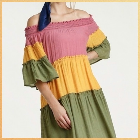 Umgee Colorblock Off Shoulder Tiered Ruffled Dress - Picture 3 of 13